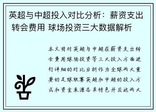 英超与中超投入对比分析：薪资支出 转会费用 球场投资三大数据解析