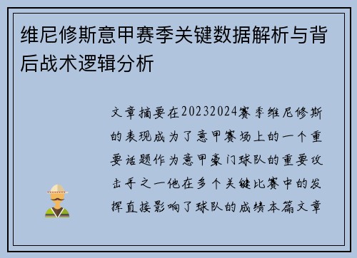 维尼修斯意甲赛季关键数据解析与背后战术逻辑分析